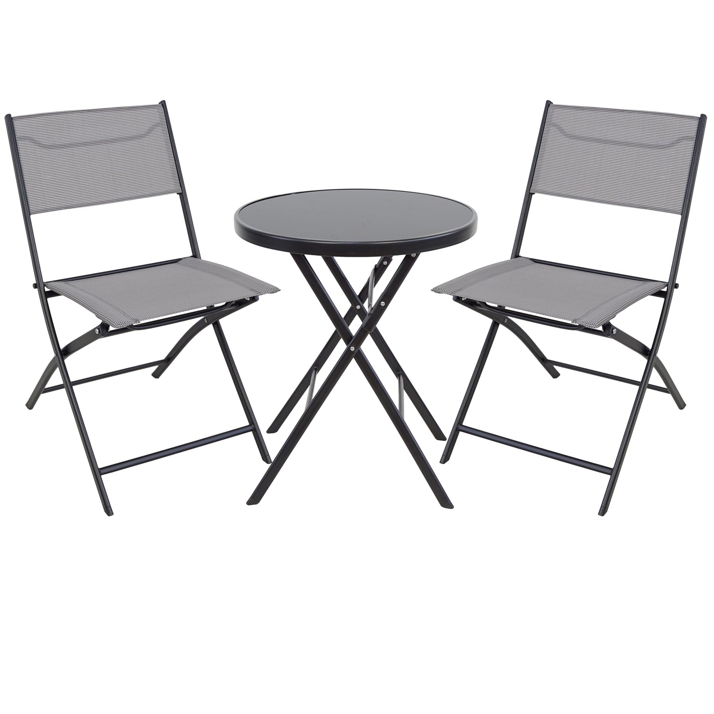 BTEXPERT 3-Piece Patio Bistro Dining Furniture Set Portable Folding Picnic Table Two Chairs Outdoor Foldable Gray for Backyard Porch Party RV Event Camping Commercial Grade Tempered Glass No Assembly