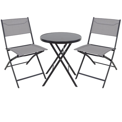 BTEXPERT 3-Piece Patio Bistro Dining Furniture Set Portable Folding Picnic Table Two Chairs Outdoor Foldable Gray for Backyard Porch Party RV Event Camping Commercial Grade Tempered Glass No Assembly