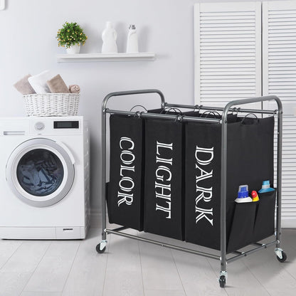 Storage Maniac 3-Section Laundry Sorter - 35.9 Gal Rolling Hamper Cart with Lockable Wheels & Removable Bag - Black