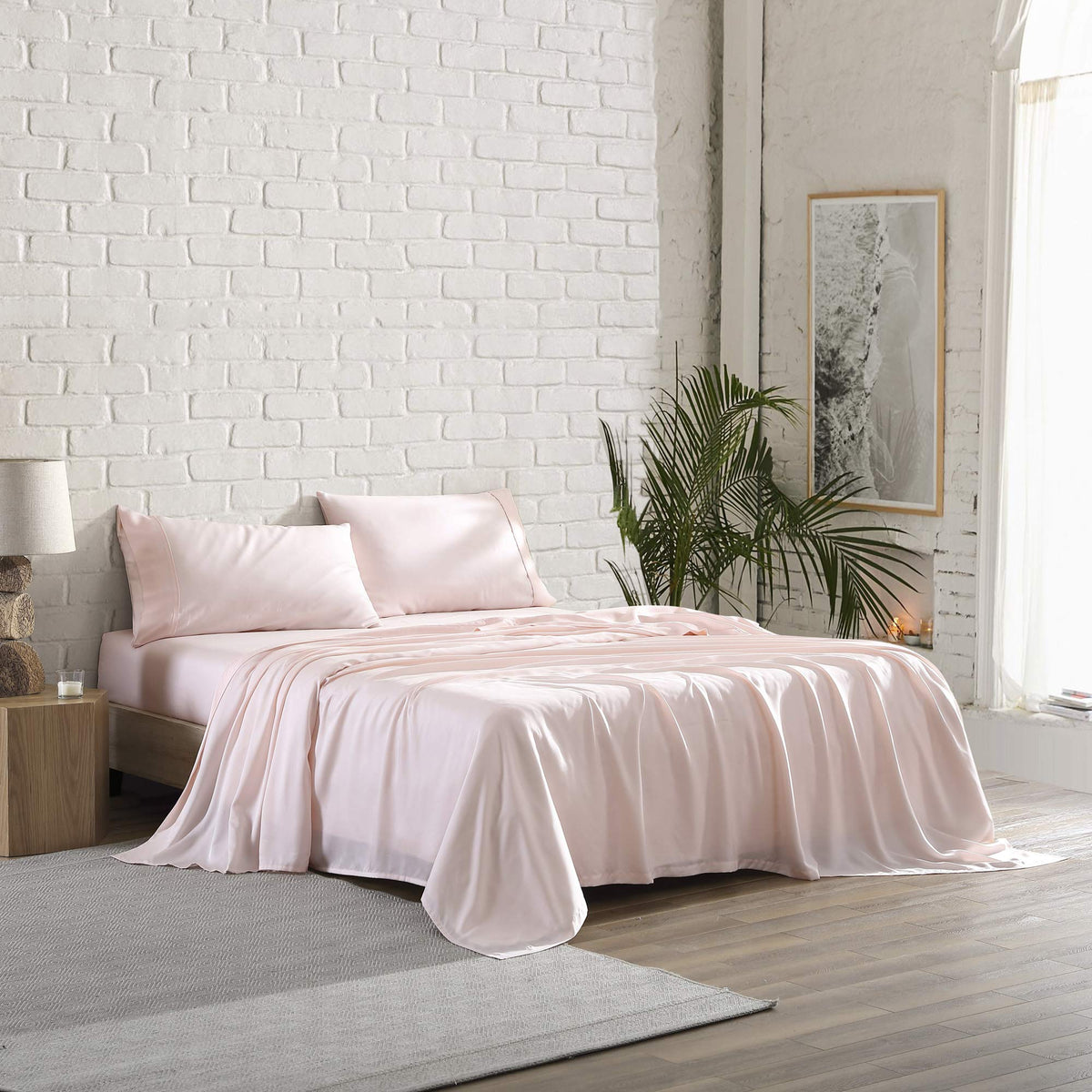 Brielle Home Tencel Lyocell Sateen Bed Sheet Set – 300 Thread Count Easy Care Luxury Feel with 16" Deep Pocket – 4 Piece Set, Blush, Queen