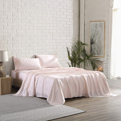 Brielle Home Tencel Lyocell Sateen Bed Sheet Set – 300 Thread Count Easy Care Luxury Feel with 16" Deep Pocket – 4 Piece Set, Blush, Queen