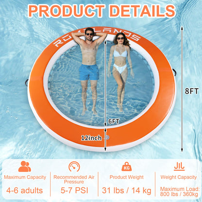 Inflatable Water Hammock Floating Dock, Round Float Ring for Summer Party, Heavy-Duty Raft Platform for Lakes Pools Oceans, Portable Lounger for Adults