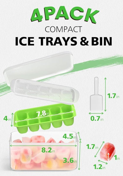 DOQAUS Ice Cube Tray - 4 Pack Stackable Silicone Trays with Lid & Bin | BPA Free for Easy Ice Release