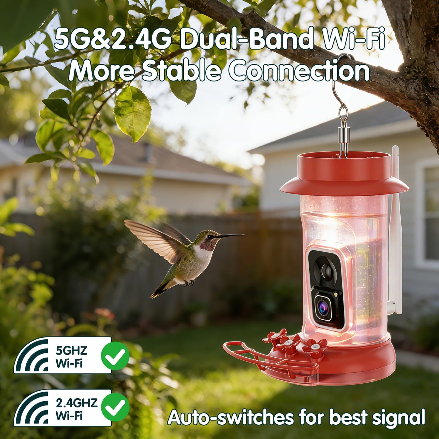 Humbirdy Hummingbird Feeder with Camera, 4K Ultra HD Video at 30fps, 10x Slow-Motion at 120fps,1.9in Closer Focus, No Subscription,Leak Proof, Ant Moat,Solar Powered, 2.4G&5G Wi-Fi,Bird Lover Gift
