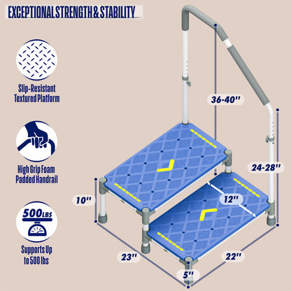 Extra Long Step Stool with Handle for Elderly(22 Inch), Heavy Duty 2 Stepping Stool with Adjustable Handrails for High Beds, Non-Skid Platform Foot Stool for Adults, Seniors, Handicapped (Blue)