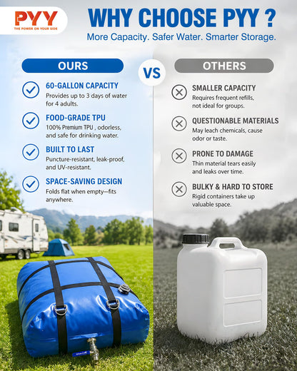 PYY Water Storage Bladder - 60 Gallon TPU Portable Fresh Water Tank with Strap, Food Grade Collapsible Flexible Container with Spigot for Daily Use Water, Camping, Irrigation & Emergency Storage