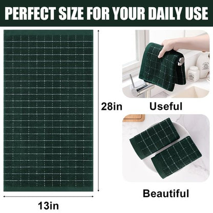 Homaxy 100% Cotton Terry Kitchen Towels(Blackish Green, 13 x 28 inches), Checkered Designed, Soft and Super Absorbent Dish Towels, 4 Pack
