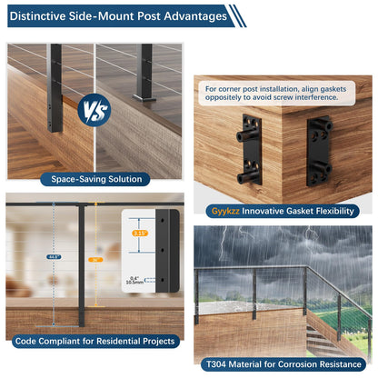 Gyykzz 36" Side Mount Cable Railing Post, 4 Pack Level Space-Saving Side Mount Post System, Stainless Steel T304 Fascia Mount Handrail Post, Heavy-Duty Cable Railing Kit Indoor Outdoor Deck Post