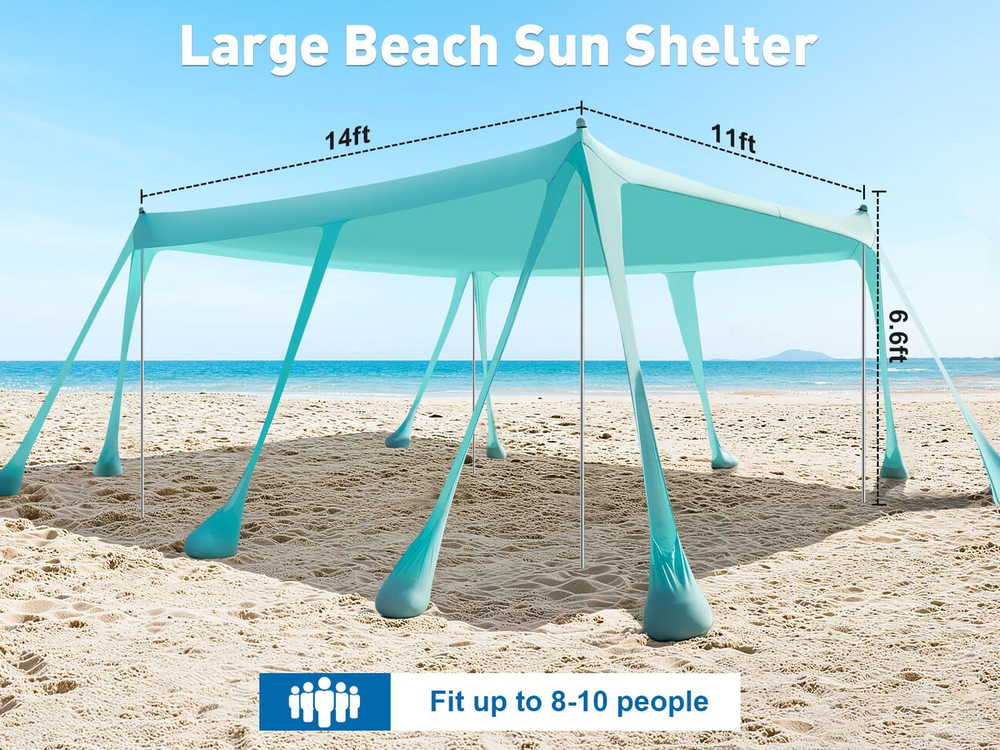 Beach Tent Sun Shelter, 13x10FT Beach Shade Canopy with 10 Sandbags, UPF50+ Outdoor Beach Canopy for Camping Trips, Fishing, Backyard - Sand Shovel, Ground Pegs & Stability Poles