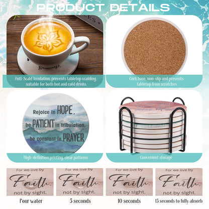 Hushee Set of 8 Christian Coasters with Bible Verses, Absorbent Ceramic Drink Coasters with Holder for Home Decor Table Protection Baptism First Communion Confirmation Gifts, 4 Inches(Gradient Style)