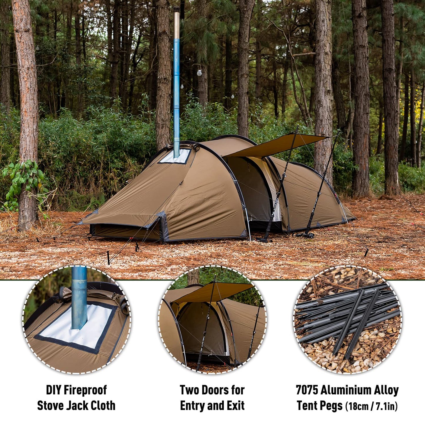 POMOLY Tunnel Tent for 1-2P Camping, Locomotive 2 Chimney Tent for 4 Season Hiking, Backpacking, Hunting (Without a Ground Sheet)
