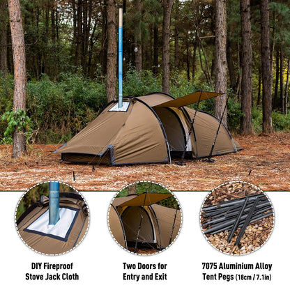 POMOLY Tunnel Tent for 1-2P Camping, Locomotive 2 Chimney Tent for 4 Season Hiking, Backpacking, Hunting (Without a Ground Sheet)