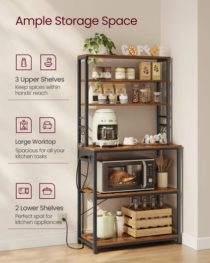 VASAGLE Bakers Rack with Power Outlet, 31.5 Inches Coffee Bar for Kitchen with Storage, 6-Tier Kitchen Shelves with 6 Hooks, Microwave Stand, Industrial, Rustic Brown and Ink Black UKKS119K01