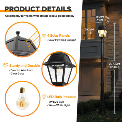 LUTEC LED Solar Post Light, Vintage Dusk to Dawn, 200 Lumens, Black, for Garden, Lawn, Pathway, Driveway