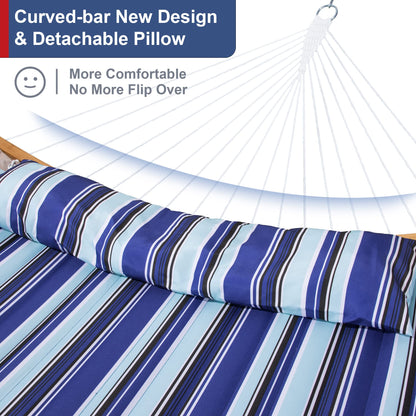 Mansion Home 12 Ft Hammock with Stand for Outside, 2 Person Hammock Freestanding with Curved Spreader Bars, Pillow and Portable Bag, Heavy Duty 450 Lbs, Blue Stripes