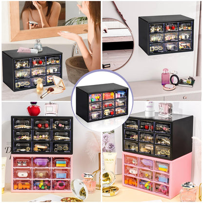 Desk Storage Organizer with 9 Drawers, FODIENS Stackable Desktop Craft Drawer Cabinet, Clear Storage Box Caddy for Makeup Jewelry Office Craft Supplies (9.84×6.3×5.9in) (Black)