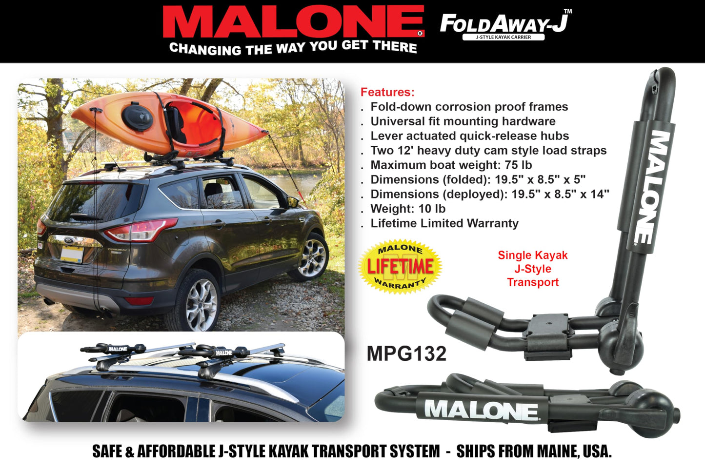 Malone Foldaway-J™ Kayak Rack Carrier, Single, Universal Fit, Tool Free Install, 75 lb Capacity, Limited, USA (MPG132)