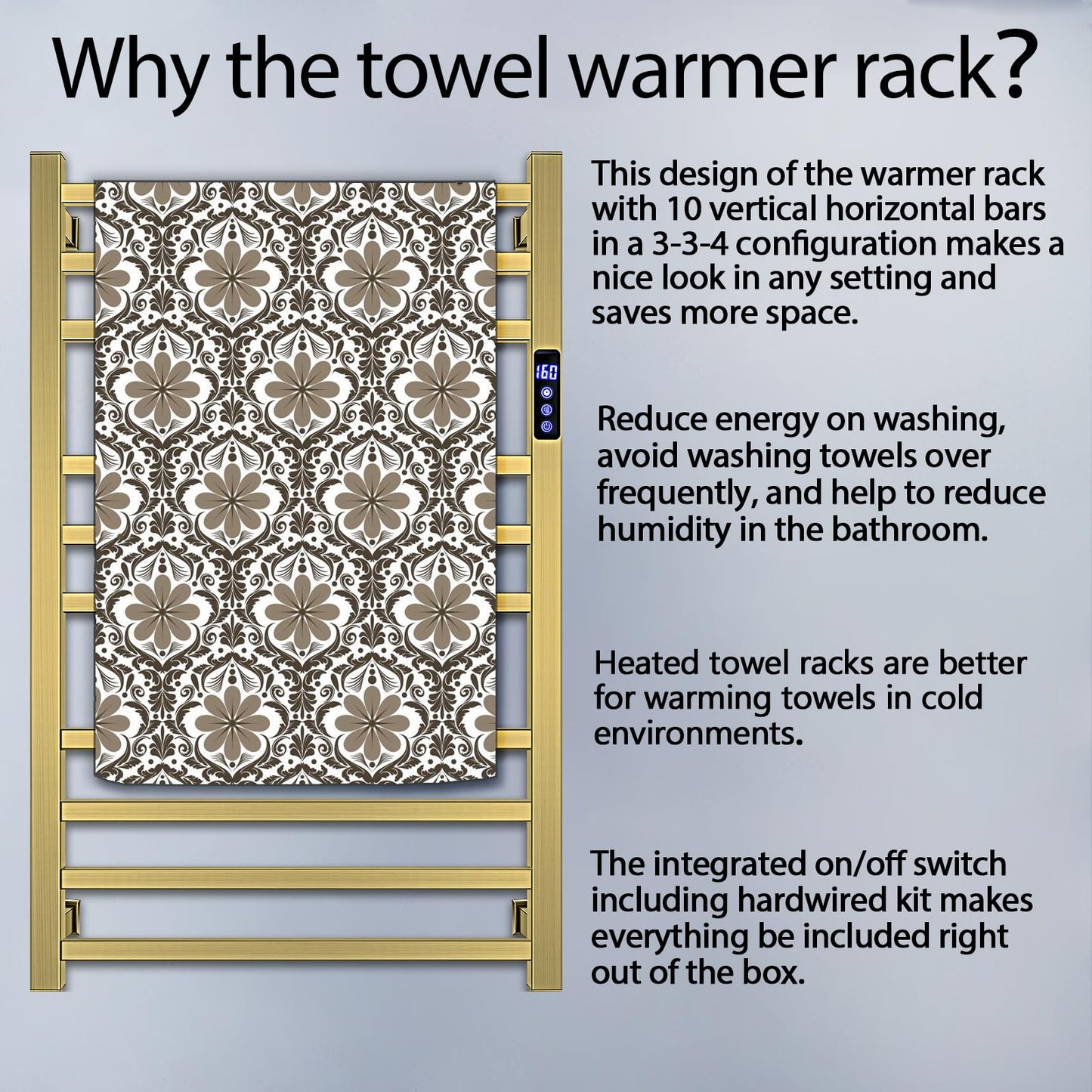 XBVV Towel Warmer Rack for Bathroom with Timer/Fahrenheit Temperature Control Wall Mounted Electric Heated 10 Bar Rail Plug-in or Hardwired Keep Bath Shower Towel Warming (Brushed Gold)