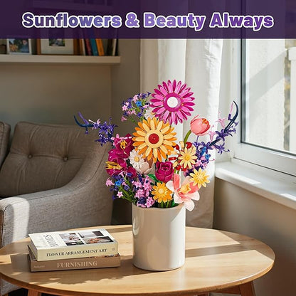 Flowers Bouquet Building Set Gift for Valentine's Day for Her Faker Flower Compatible with Lego Flowers Botanical Collection for Adults Women Girl Wife Home Office Shelf or Room Decor