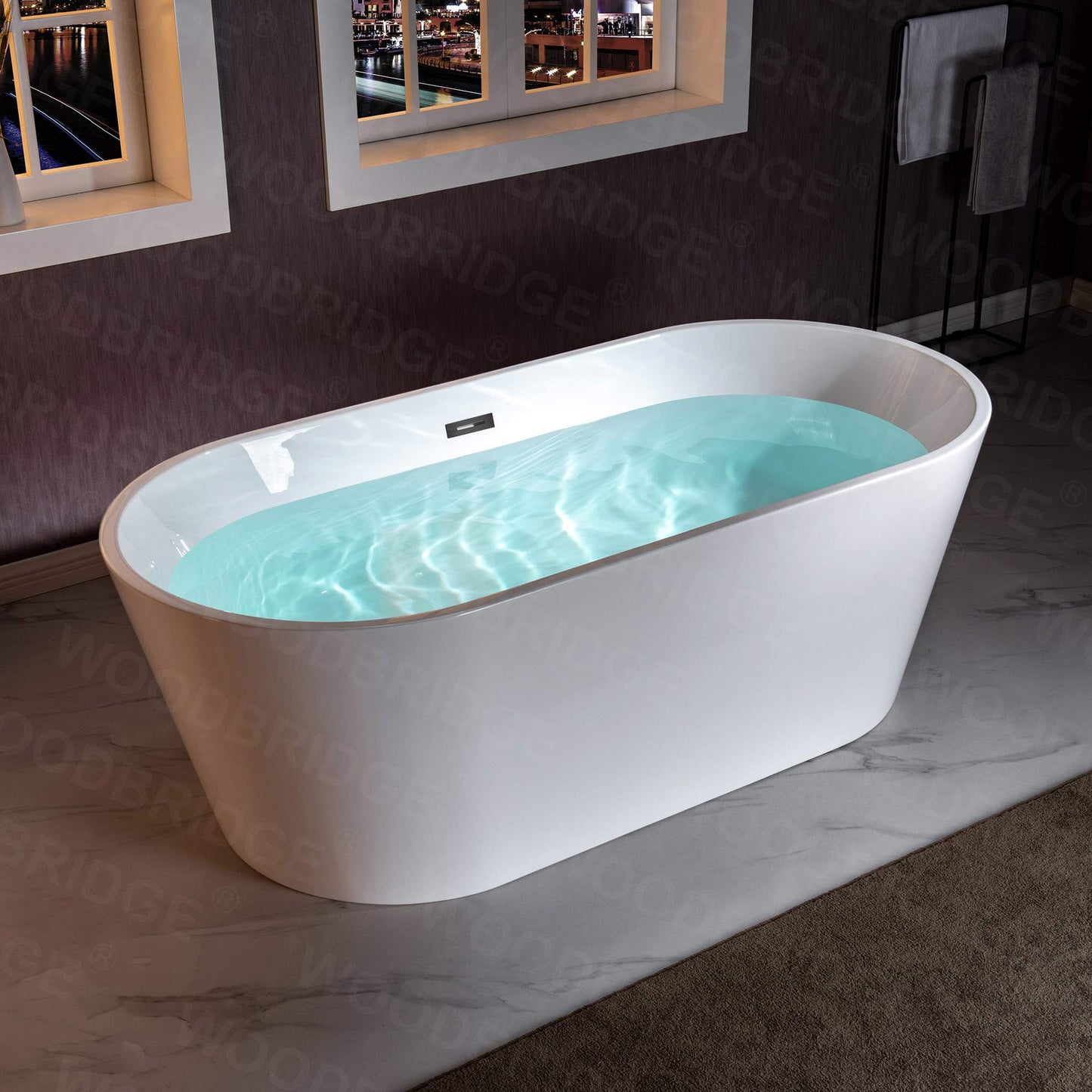 WOODBRIDGE 67" Freestanding Acylic Soaking Bathtub with White, Drain and Overflow inMatte, BTA1513-MB-Drain &O+ Pillow, Matte Black