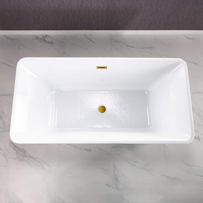 WOODBRIDGE 59" Acrylic Freestanding Bathtub Contemporary Soaking White Tub with Brushed Gold Overflow and Drain，BTA1509 -BG-Drain &O