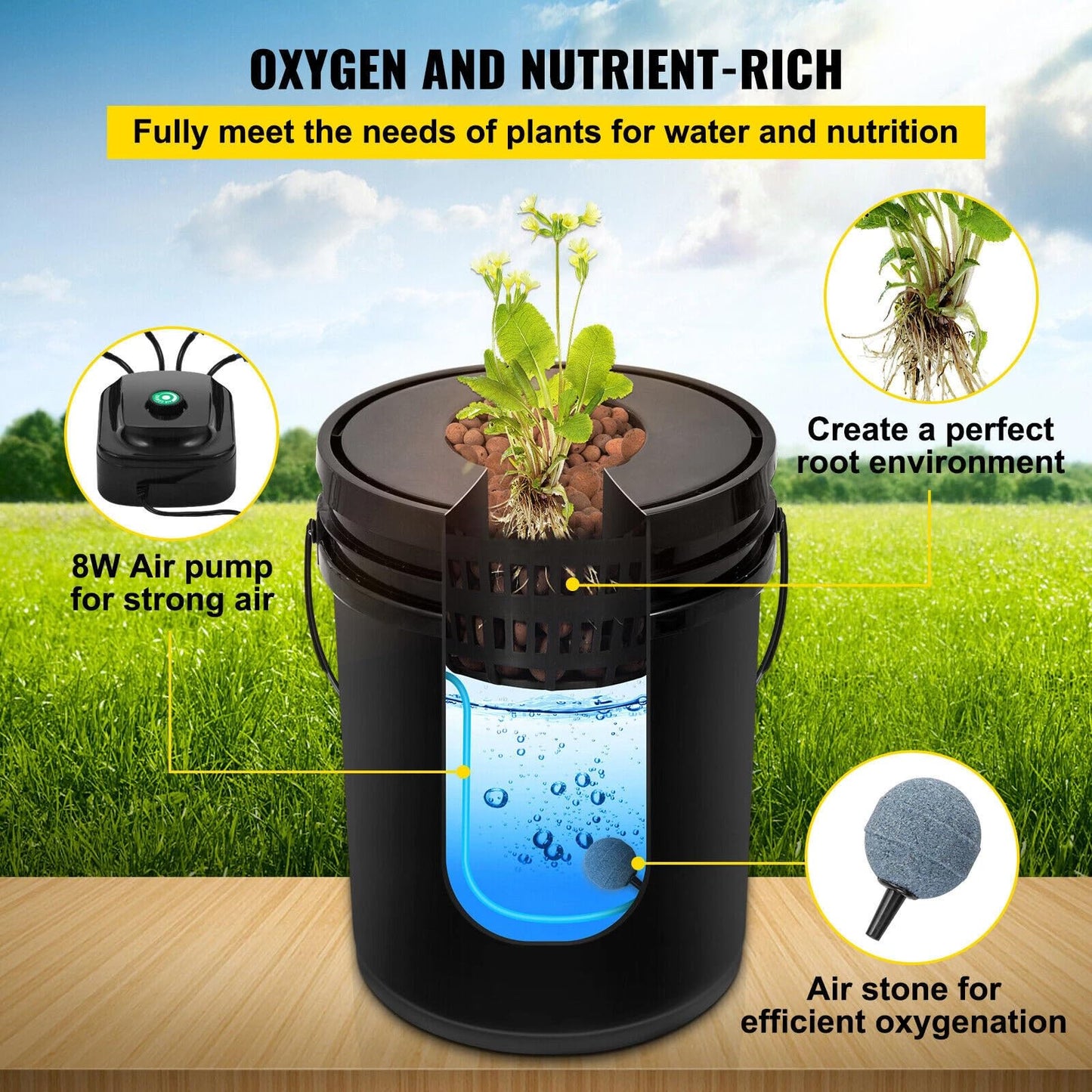 GROZY DWC Hydroponics Grow System Black Bucket Kit with Air Pump, 5 Buckets, 5 Gallon Each, 15x12x12 Inches, Indoor Growing
