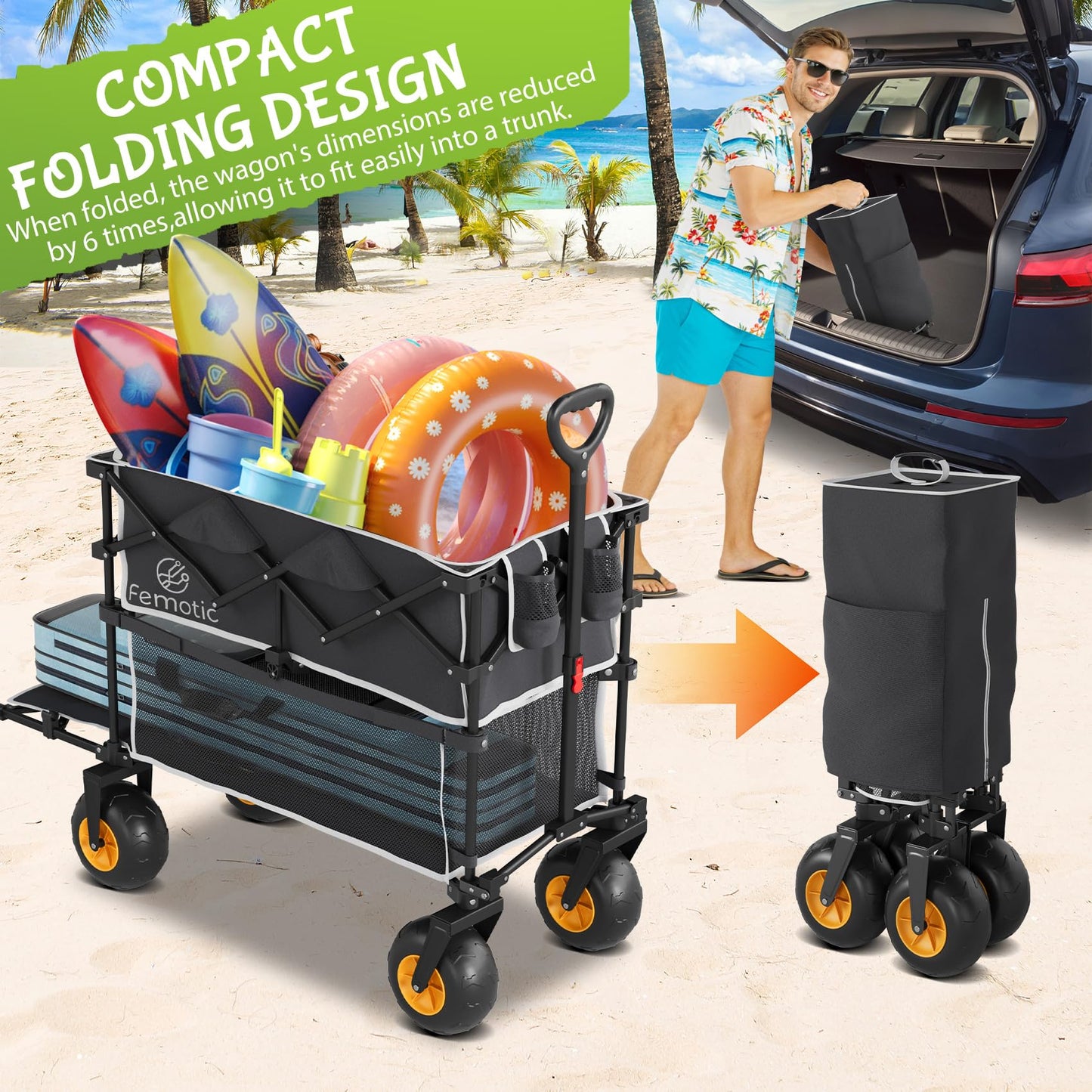 Beach Wagon with Big Wheels for Sand,Heavy Duty Double Decker Wagon with Extender,400L Extra Large Foldable Wagon Cart with 9" All Terrain Inflatable Tires,for Beach Camping Garden and Sports, Black