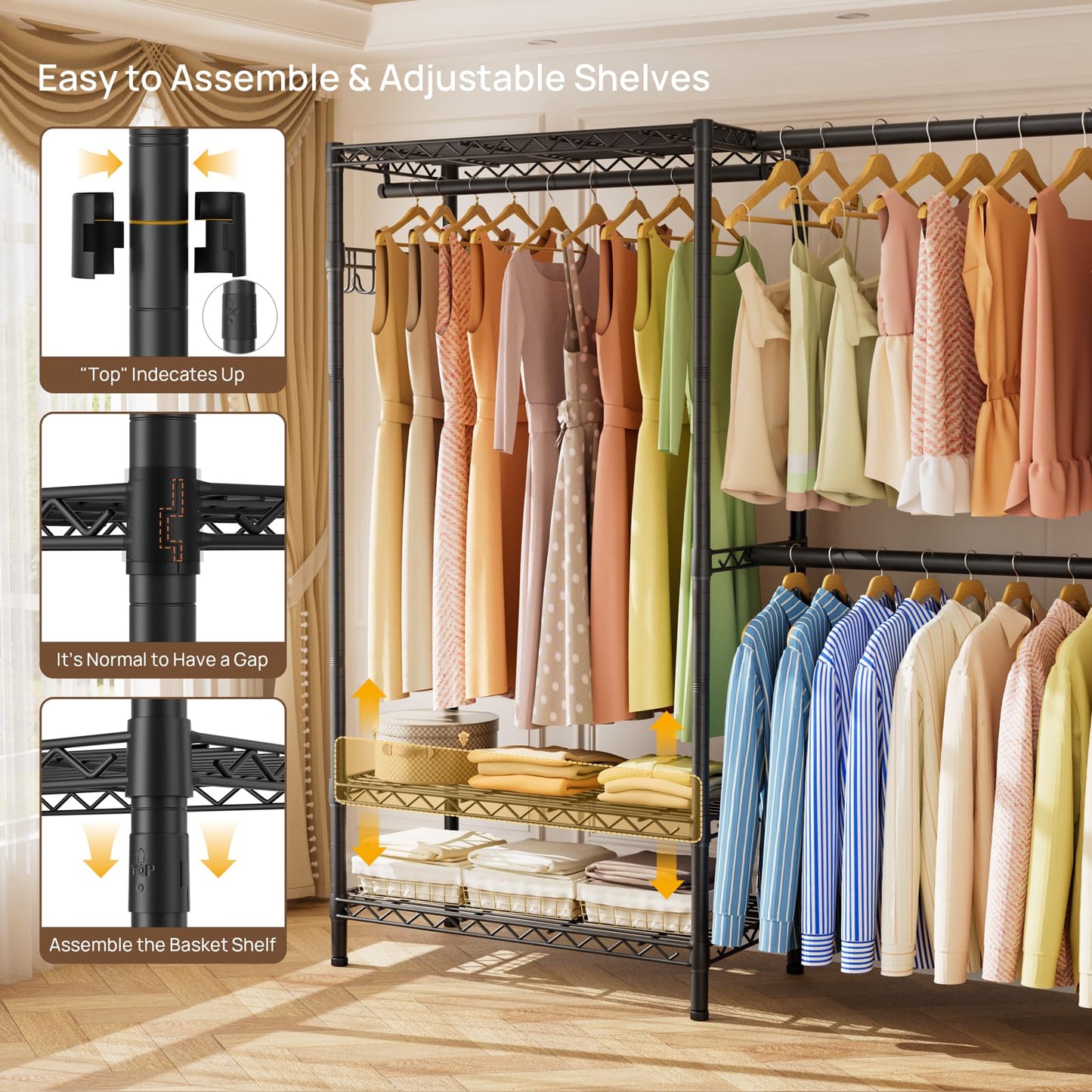 Golpart Heavy Duty Garment Rack Clothes Rack,Large Metal Closet Organizer System Storage Wardrobe,Freestanding Clothing Rack with 7 Adjustable Wire Shelves&3 Hang Rods,MaxLoad 1500lbs