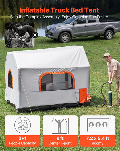 VEVOR Inflatable Pickup Truck Tent, 7.2 x 5.4 FT 3-Season Truck Bed Tent with Ventilated Mesh Windows, PU2000mm Waterproof Pickup Camping Tents for Outdoor Hiking Activities - Air Pump Included
