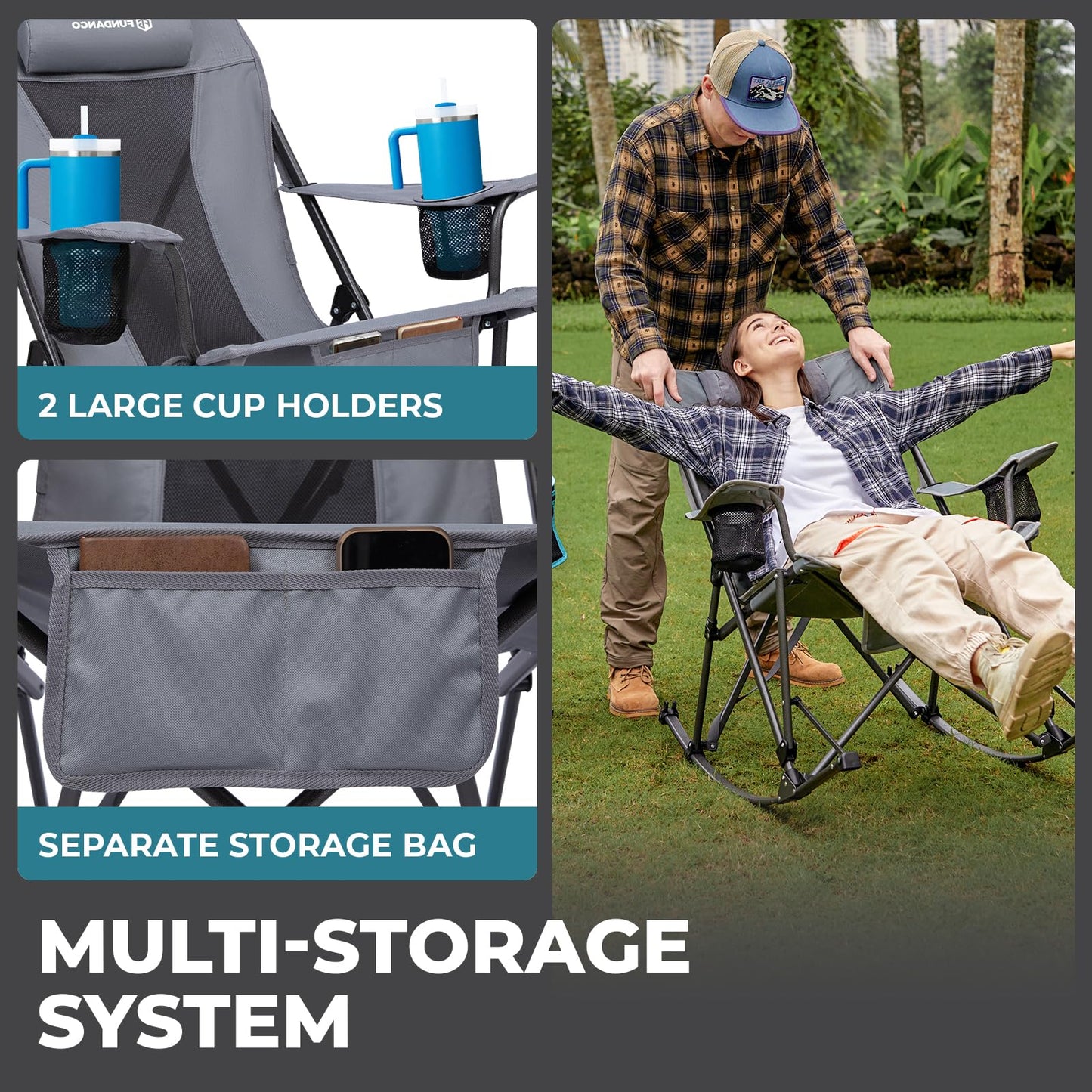 FUNDANGO Oversized Rocking Camping Chair for Adults, 2 Pack Portable Folding Lawn Chairs for Outside with Pillows, Wide Armrest, 2 Cup Holders, Carry Bag for Patio Garden Outdoor Supports 400Lbs(Gery)