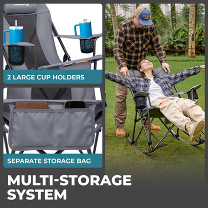 FUNDANGO Oversized Rocking Camping Chair for Adults, 2 Pack Portable Folding Lawn Chairs for Outside with Pillows, Wide Armrest, 2 Cup Holders, Carry Bag for Patio Garden Outdoor Supports 400Lbs(Gery)