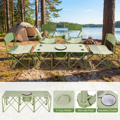 Camping Chair Set of 5,Folding Lawn Chairs with Table for Adults,Heavy Duty Collapsible Chair Include Four Single Chairs and Camping Table with Cooler Bag for Travel Fishing Sport Picnic,Light Green