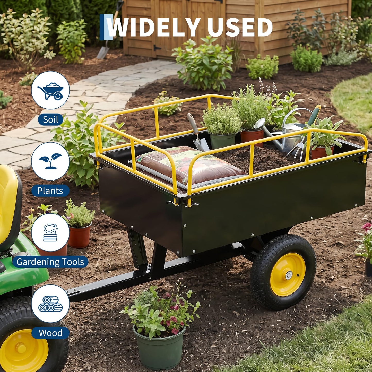 Garvee 750 LBS Capacity Utility Dump Trailer, 15 Cu Ft Heavy Duty Steel Garden Dump Cart with Removable Sides, Foot Pedal & Hand Pull Design, Compatible with ATV UTV Lawn Mower Tractor