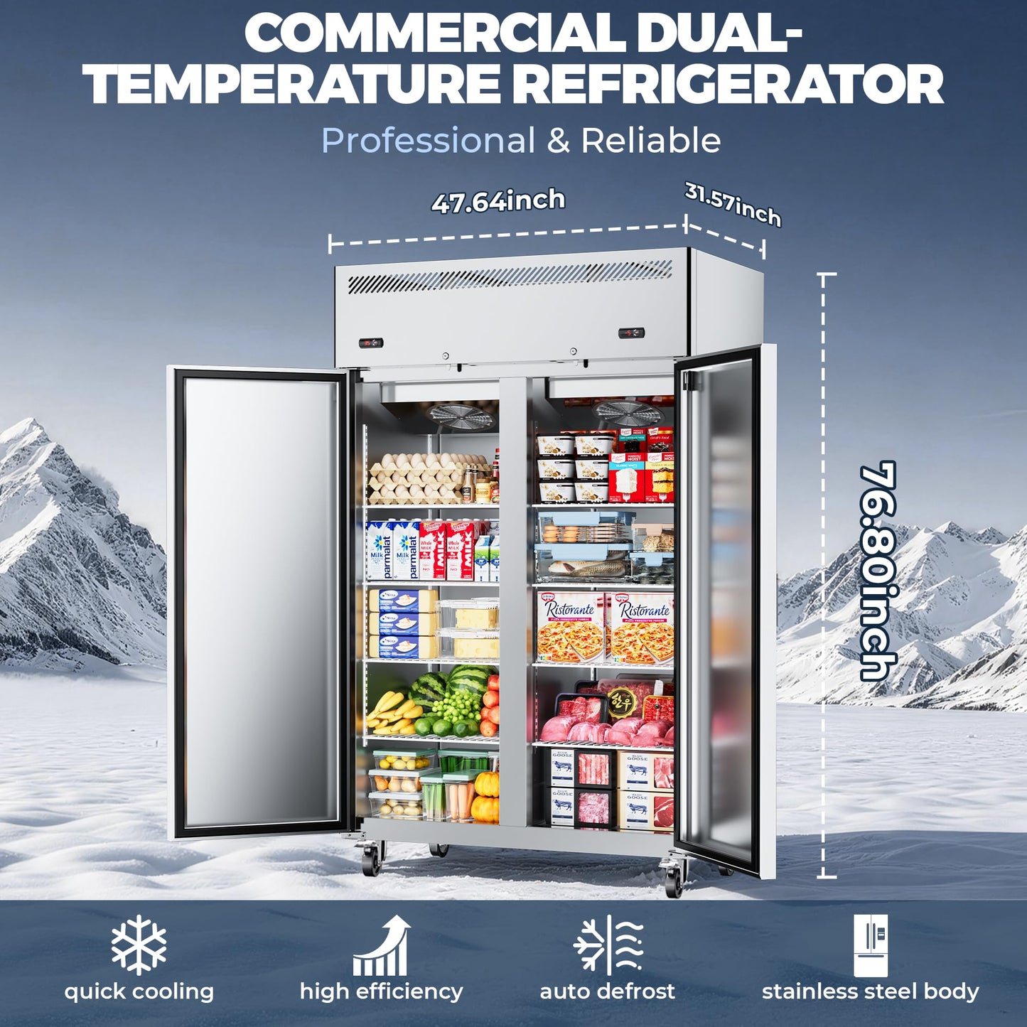 Ferueo Commercial Refrigerator and Freezer Combo, 48" W 2 Door Dual Temperature Zones Freezers, 39 Cu.ft Commercial Refrigerators with 8 Adjustable Shelves for Restaurant Shop Bar