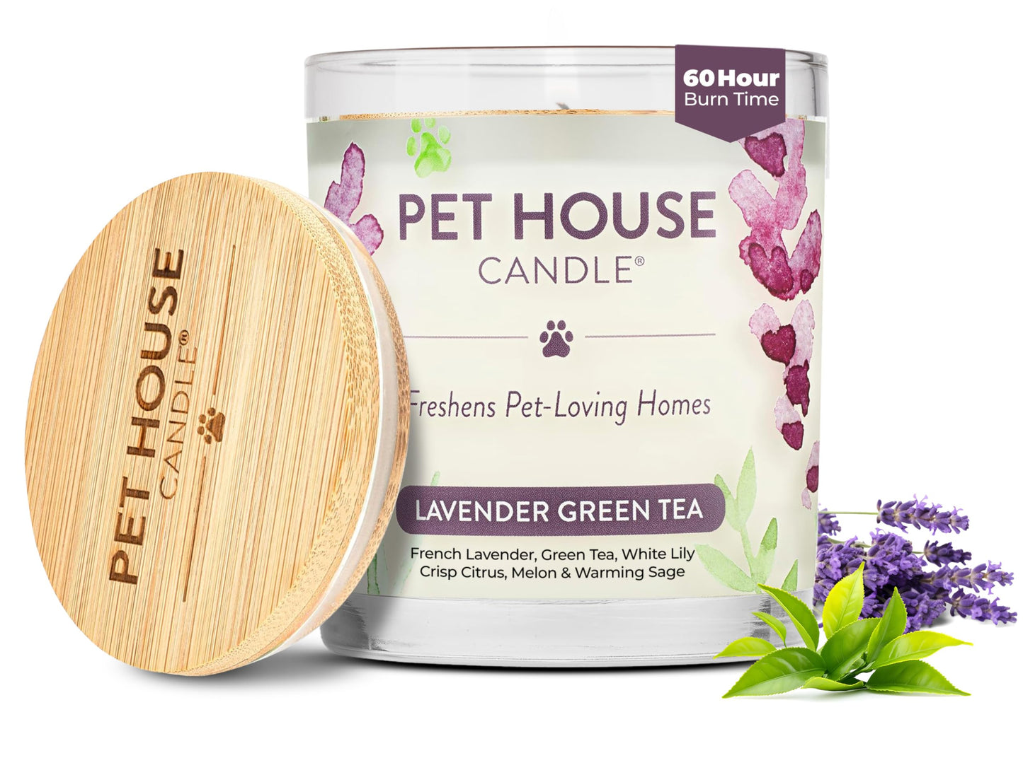 Pet House Lavender Candle Clean Burning, Long Lasting Pet Odor Candle for Home - Lavender Green Tea