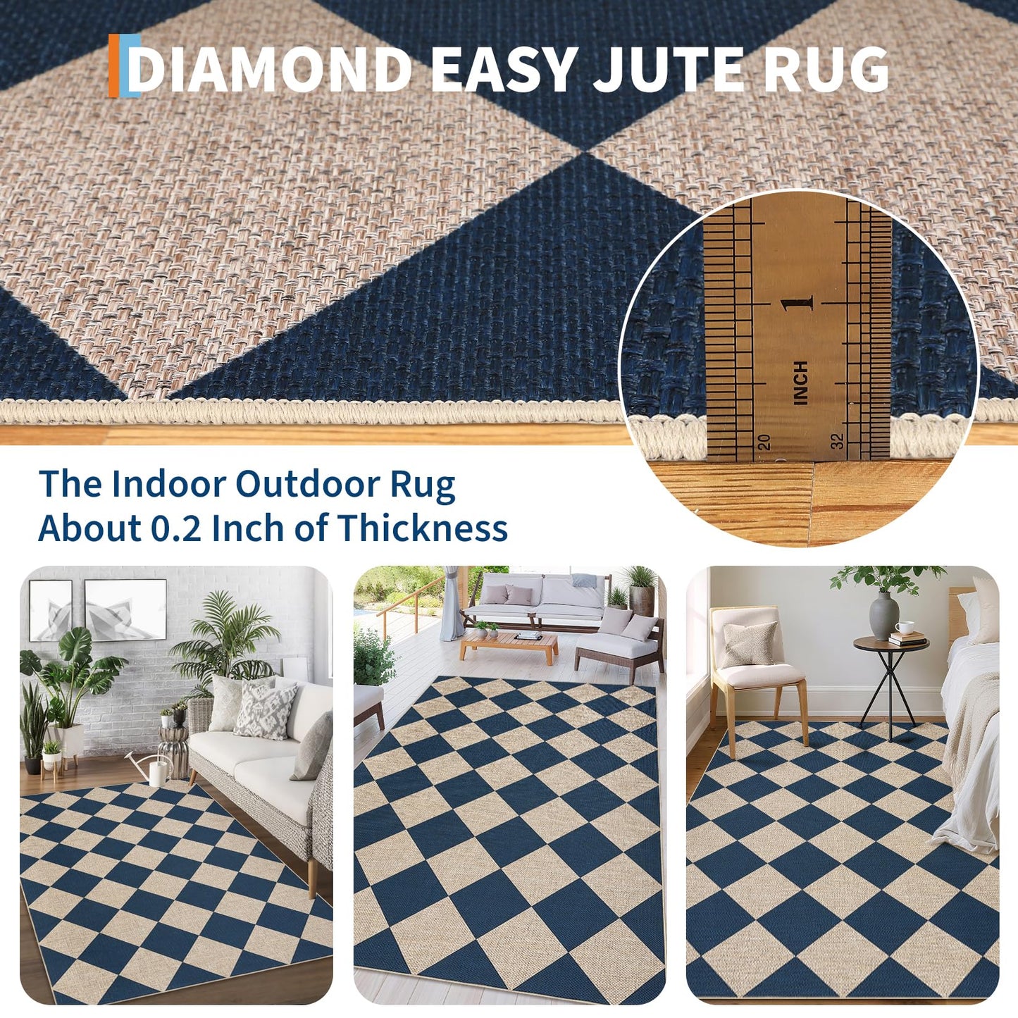GarveeHome Easy Jute 8x10 Area Rugs for Living Room Checkered Rugs Machine Washable Non-Slip Backing Indoor Outdoor Carpets for Farmhouse Dining Room Nursery Patio Navy Blue