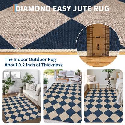 GarveeHome Easy Jute 8x10 Area Rugs for Living Room Checkered Rugs Machine Washable Non-Slip Backing Indoor Outdoor Carpets for Farmhouse Dining Room Nursery Patio Navy Blue