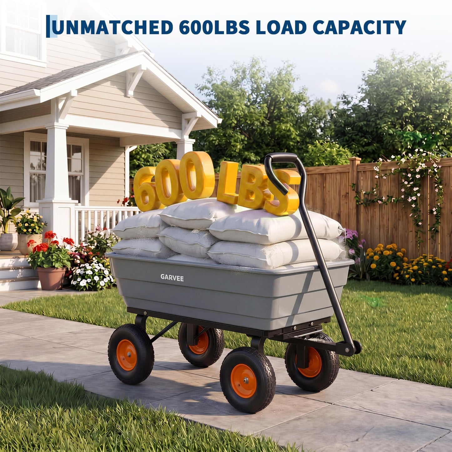 GarveeLife Poly Garden Dump Cart, 600 lb Wheelbarrow Yard Cart with 10 in Wheels, Quick-Dump & Towable Utility Wagon for Yard, Soil, Rocks（Gray）