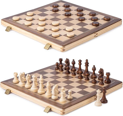 A&ampA 15 Magnetic Wooden Chess Set/Folding Board / 3 King Height German Knight Staunton Chess Pieces/Mahogany &amp Maple Inlaid /2 Extra Queen