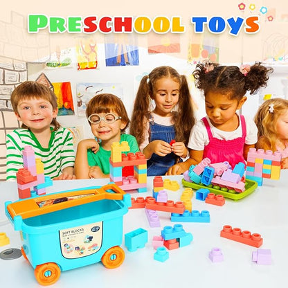 Large Particle Soft Building Block Toys with Storage Box with pull rods for Toddler Aged 18 Months to 6 Years old.Preschool Toys Suitable for Kindergarten Parent-child Interaction etc(81P)