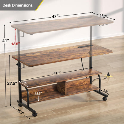 Armocity Rolling Standing Desk with Charging Station, Portable Height Adjustable Mobile Computer Desk with Wheels & 2-Tier Shelves & Hooks, Easy Assembly Laptop Table for Couch Bed, 47" Rustic Brown