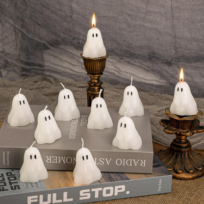 EBaokuup 10 PCS 2'' X 1.6'' Halloween Ghost Candles, Ghost Shaped Decor Candles, Fun Face Spooky Burning Candle for Halloween Party Home and Table Decorations