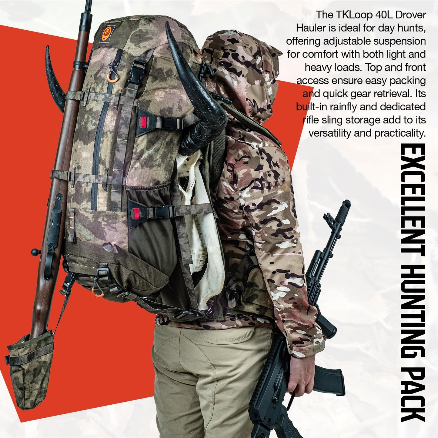 TKLoop Hunting Pack for Men – 40L Expandable Tactical Frame Backpack, Meat Hauler, Rifle Holder, Shotgun Rest, Water Resistant, Camouflage