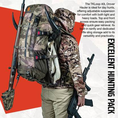 TKLoop Hunting Pack for Men – 40L Expandable Tactical Frame Backpack, Meat Hauler, Rifle Holder, Shotgun Rest, Water Resistant, Camouflage