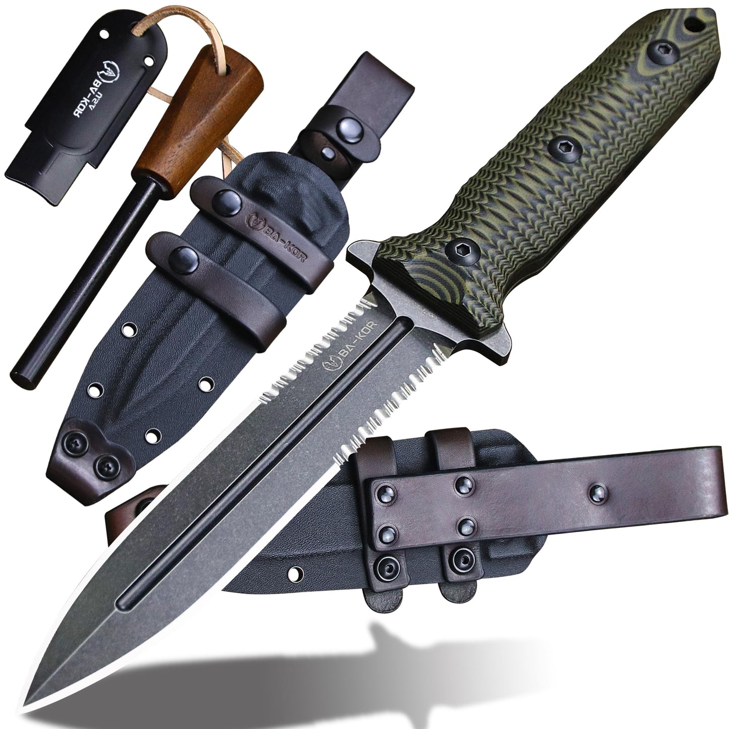 BA-KOR 11.4” Fixed Blade Hunting Knife, CPM 3V Steel Full Tang Survival Knife, 5mm Thick Stonewashed Dual Edge with Partial Serration, G10 Handle, Leather Kydex Sheath & 5.9” Fire Starter