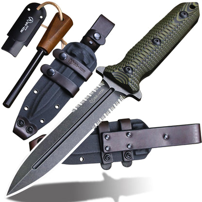 BA-KOR 11.4” Fixed Blade Hunting Knife, CPM 3V Steel Full Tang Survival Knife, 5mm Thick Stonewashed Dual Edge with Partial Serration, G10 Handle, Leather Kydex Sheath & 5.9” Fire Starter