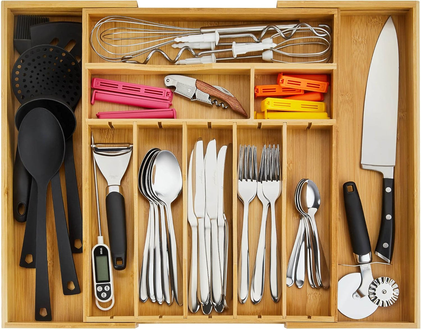 Night Tree Silverware Drawer Organizer - Extra Deep Bamboo Flatware Tray with Adjustable Dividers (14"-21.6" Wide)