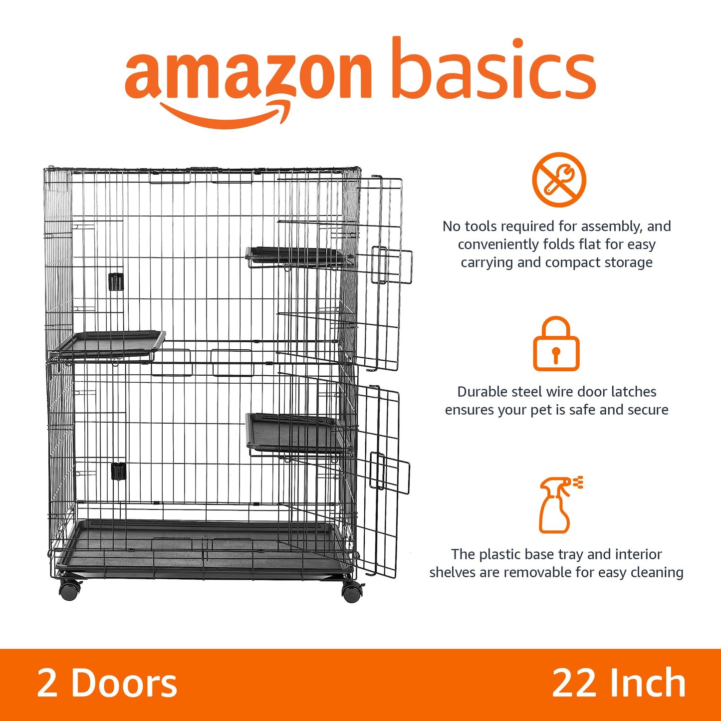 Amazon Basics Large 3-Tier Cat Cage Playpen with Easy to Clean Removable Tray, Front Doors, Portable, Foldable, 35.8" x 22.4" x 50.6", Black
