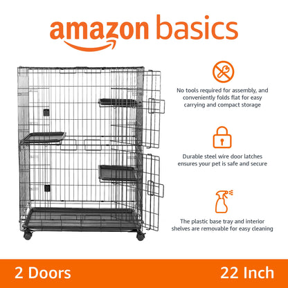 Amazon Basics Large 3-Tier Cat Cage Playpen with Easy to Clean Removable Tray, Front Doors, Portable, Foldable, 35.8" x 22.4" x 50.6", Black
