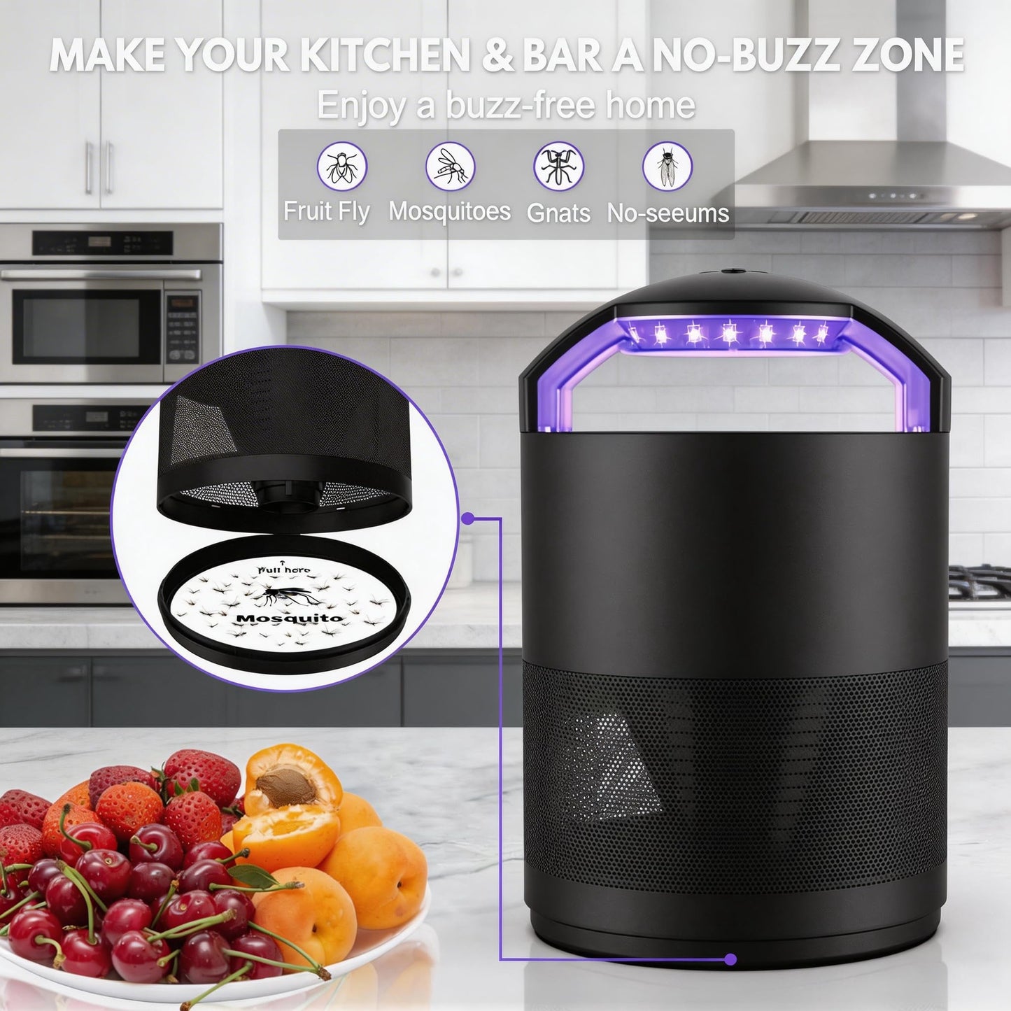 Fruit Fly Traps for Indoors, Catcher & Killer with Upgraded Purple Light, 3-Speed Fan Suction & Sticky Boards for Mosquito, Gnat & Moth, Electric Flying Insect Trap for Home, Kitchen, Bedroom, Plants